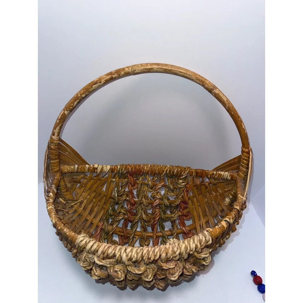 Vintage Wicker Wall Pocket Basket Knotted Rope Detail Crescent Half Moon Brown